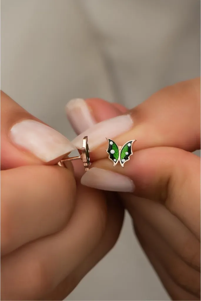 Boucles d'oreilles Papillon en Argent 925 et Émail Vert pour Femme