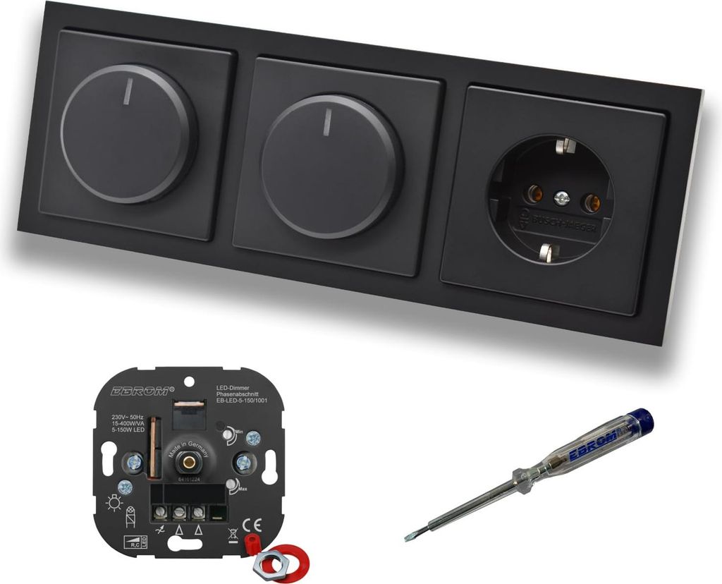 EBROM 1001 (2 x) LED Drehdimmer Dimmer + Busch Jäger Dimmerscheibe 6540-885-102 und Steckdose 20EUC-885 in Future Linear Schwarz matt inklusive EB...