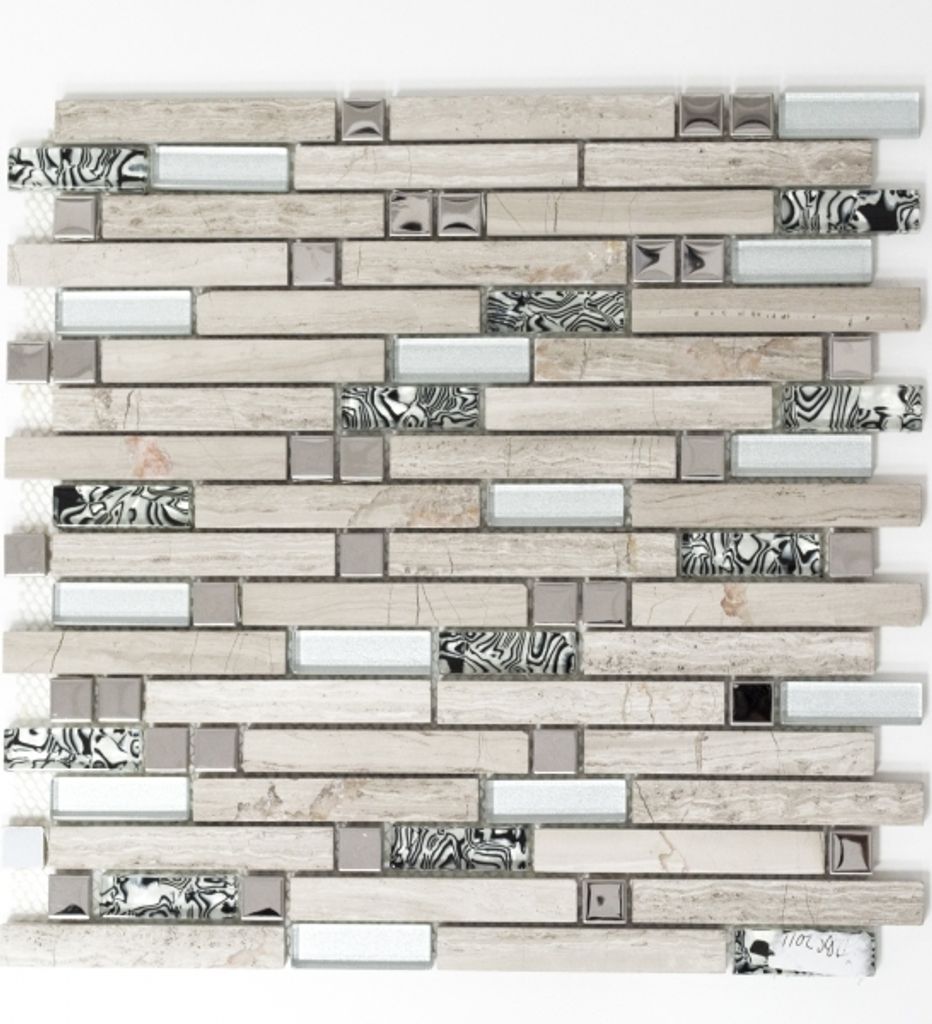Mosaikfliese Transluzent Edelstahl weiß Holz Verbund Glasmosaik Crystal Stein Stahl wood white MOS86-0108