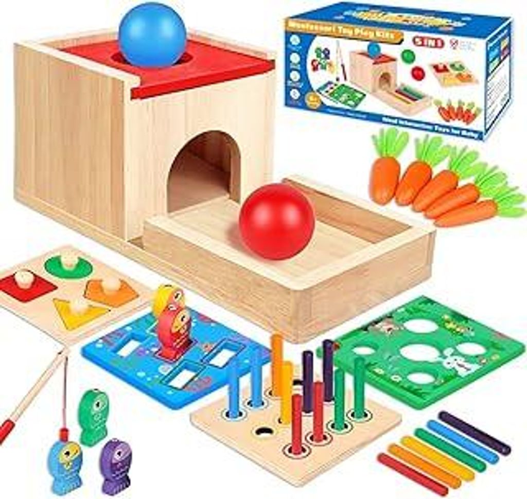 Libay Montessori Spielzeug ab 1 2 3 Jahr?5 in 1 Holzspielzeug-Set mit Object-Permanence Box, Ball-Wurf-Spiel, Formensortierer und weiteren Lernspie...