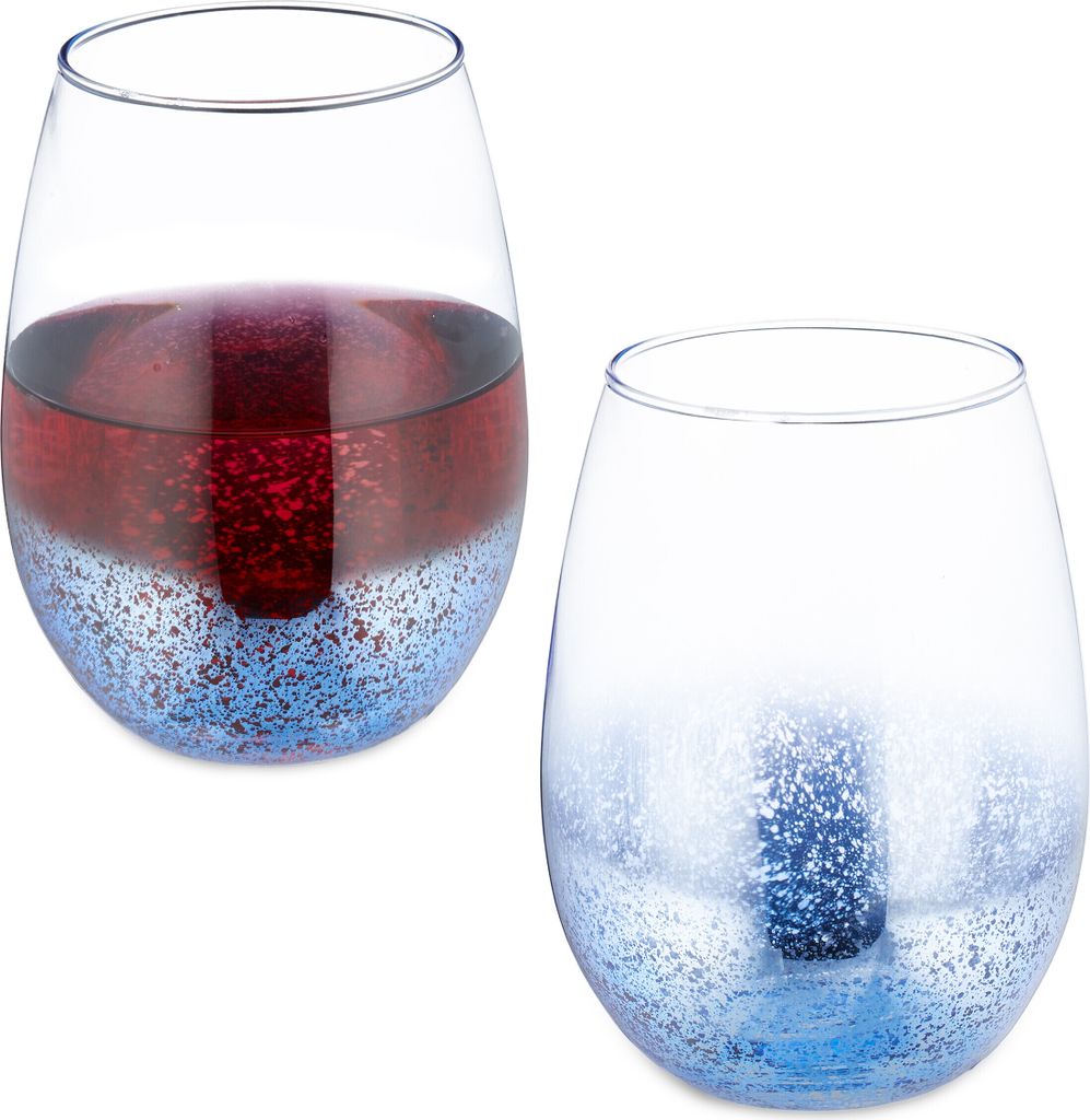 Relaxdays Weingläser ohne Stiel, 2er Set, Rotweinbecher, je 500 ml Fassungsvermögen, Wassergläser, Dessertgläser, blau