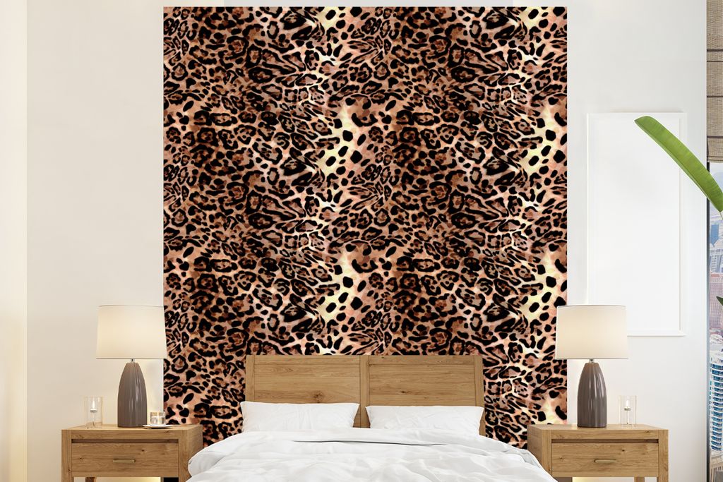 MuchoWow Fototapete für Wohnzimmer oder Schlafzimmer Wandtapete Vinyl Motivtapete Tiermuster - Leopard - Design - Luxus - 225x280 cm - Wohnzimme...