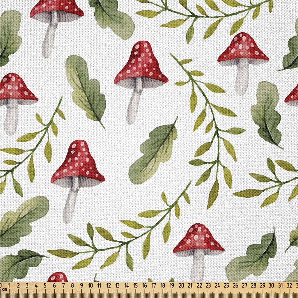 ABAKUHAUS Pilz Satin Stoff als Meterware, Aquarell-Muster-Grün lässt Waldelement-botanisches Waldland-Thema, 3 M (148 x 300 cm), Resedagrün Rubin