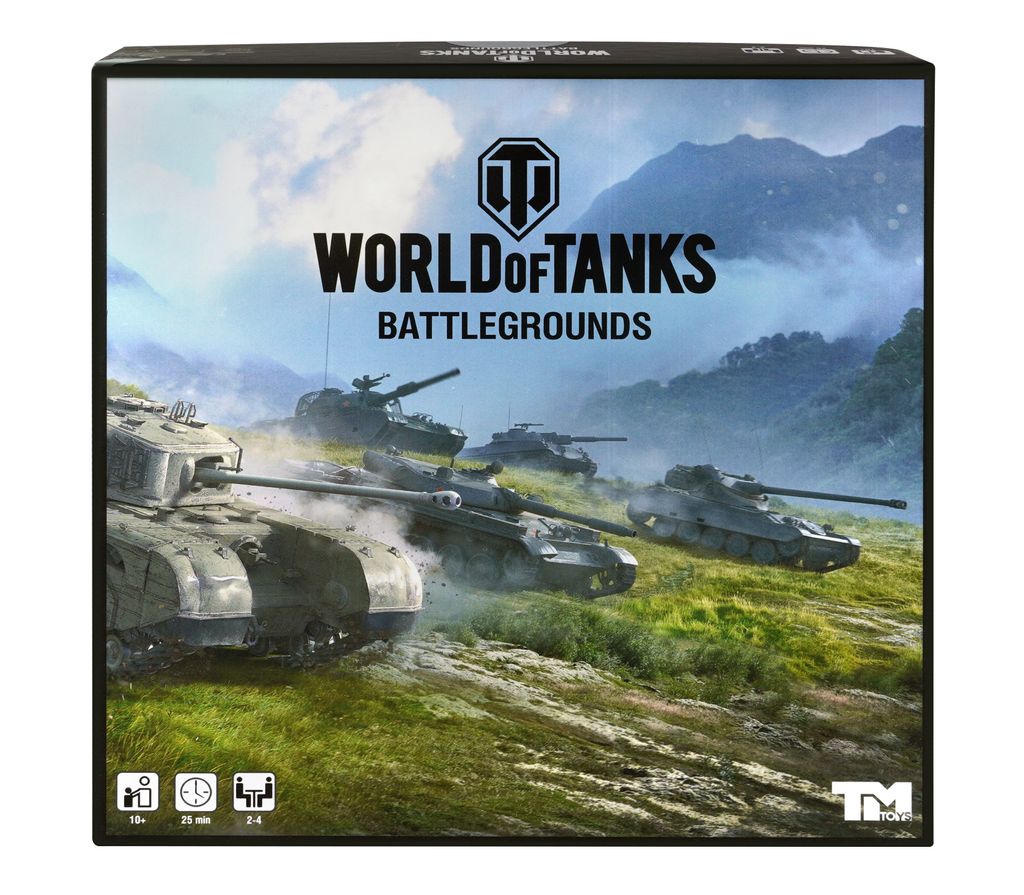 The image shows the packaging of a board game called World of Tanks Battlegrounds, featuring several tanks in a mountainous landscape.