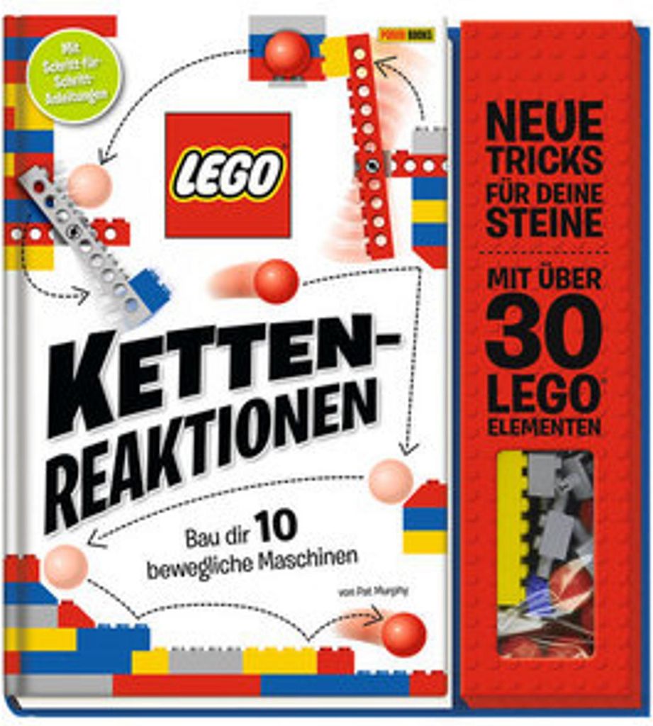 A book cover showing LEGO bricks and elements, illustrating a chain reaction concept.