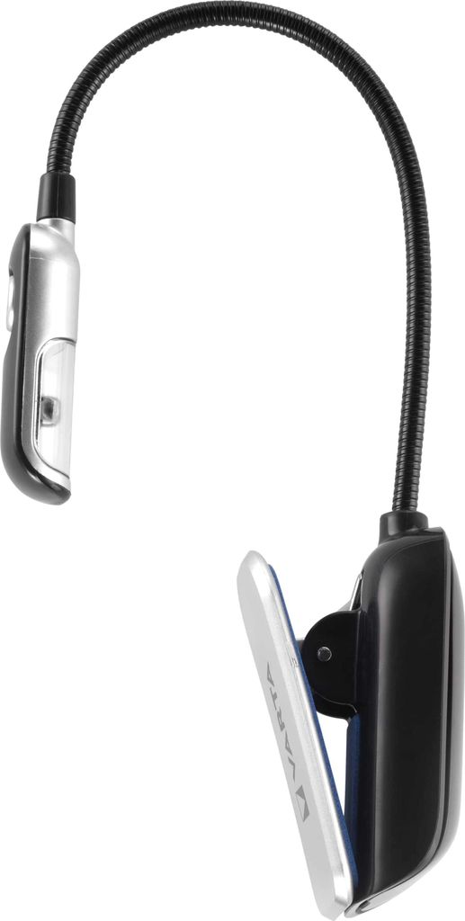 A VARTA LED book light with a flexible gooseneck and clip.