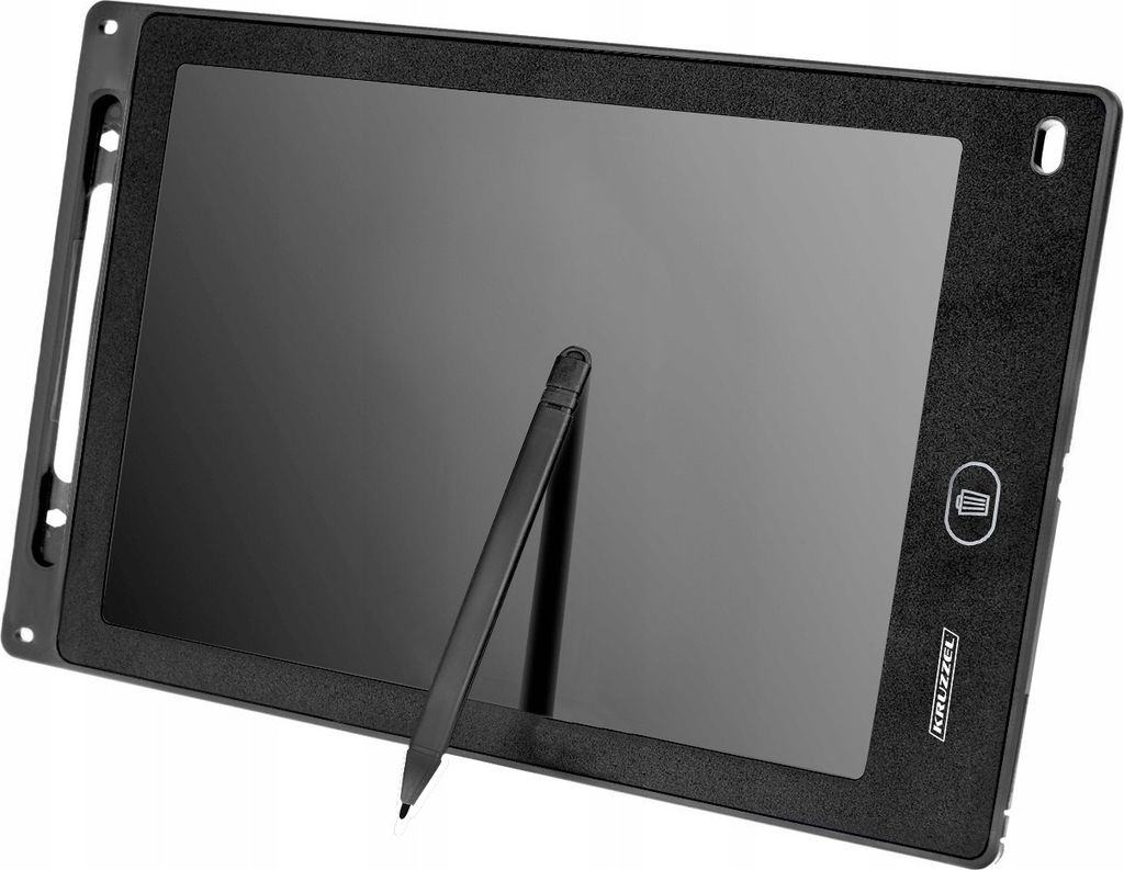 A black digital drawing tablet with a stylus resting on its stand.
