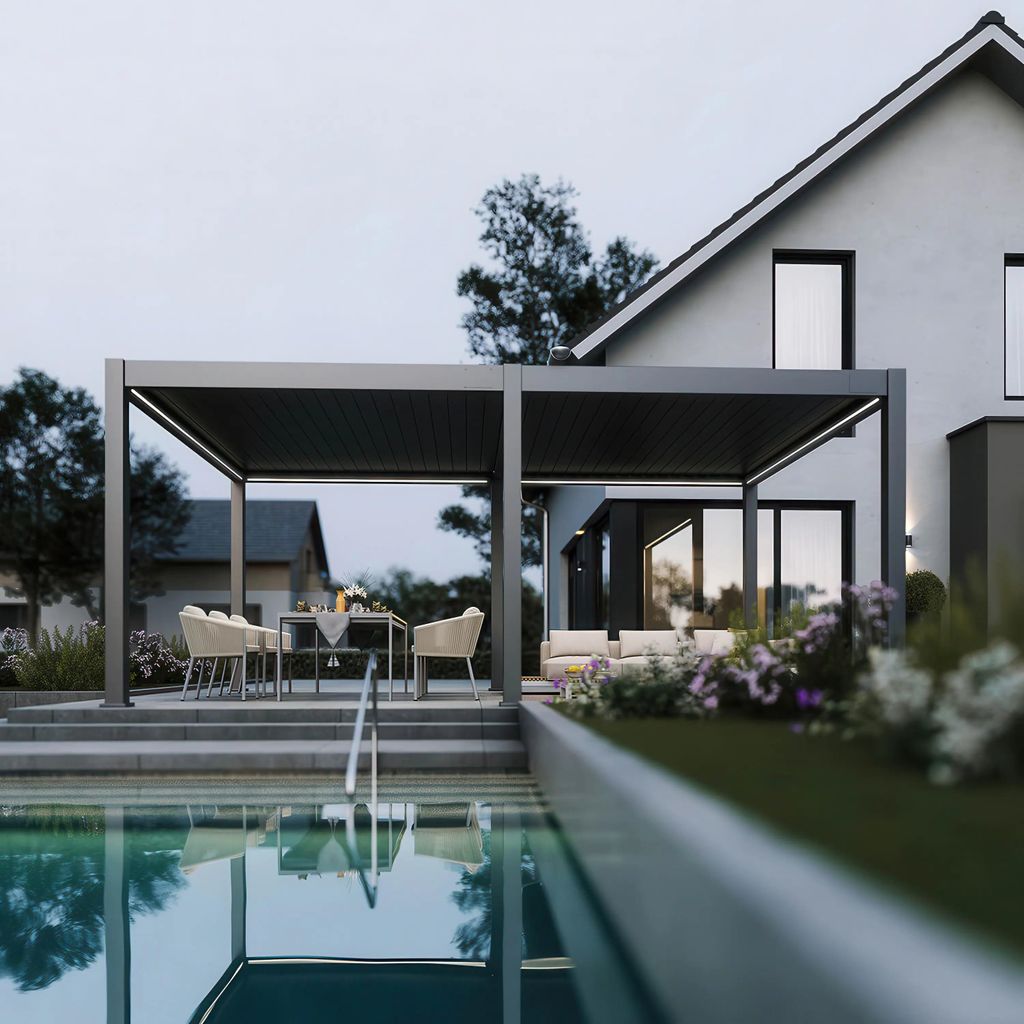 Gutroof Pergola "Deluxe Pro" 4x6m Elektrisch, Aluminium, Motorisiert, LED-Beleuchtung Anthrazit