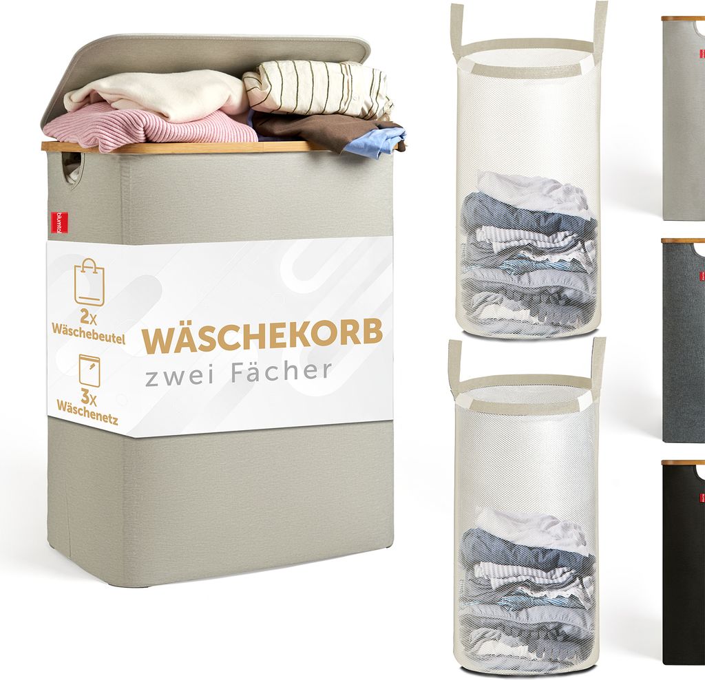 Blumtal Wäschesammler 140 L - Wäschekorb 2 Fächer mit herausnehmbaren Wäschesäcken - Pfandflaschen Aufbewahrung - Wäschekorb beige - Wäschek...