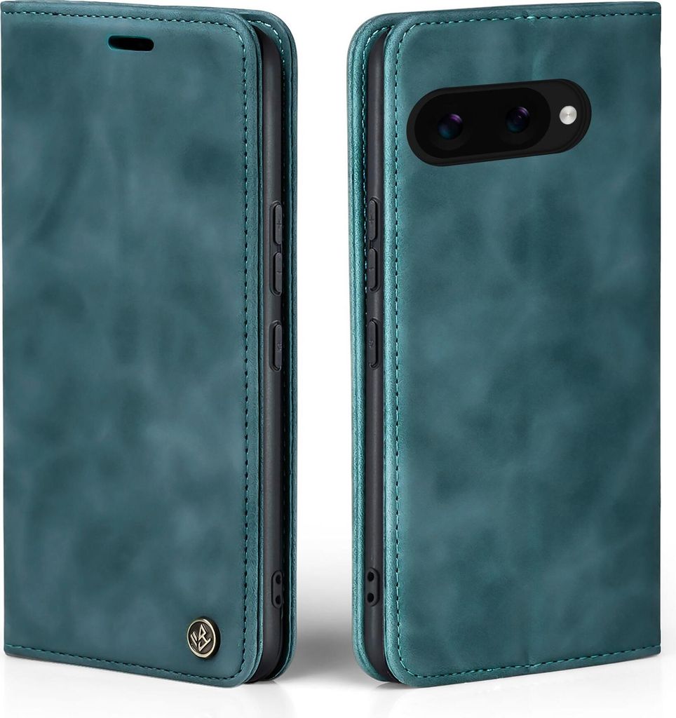 A teal flip-style phone case is shown from two angles, open and closed, against a white background.