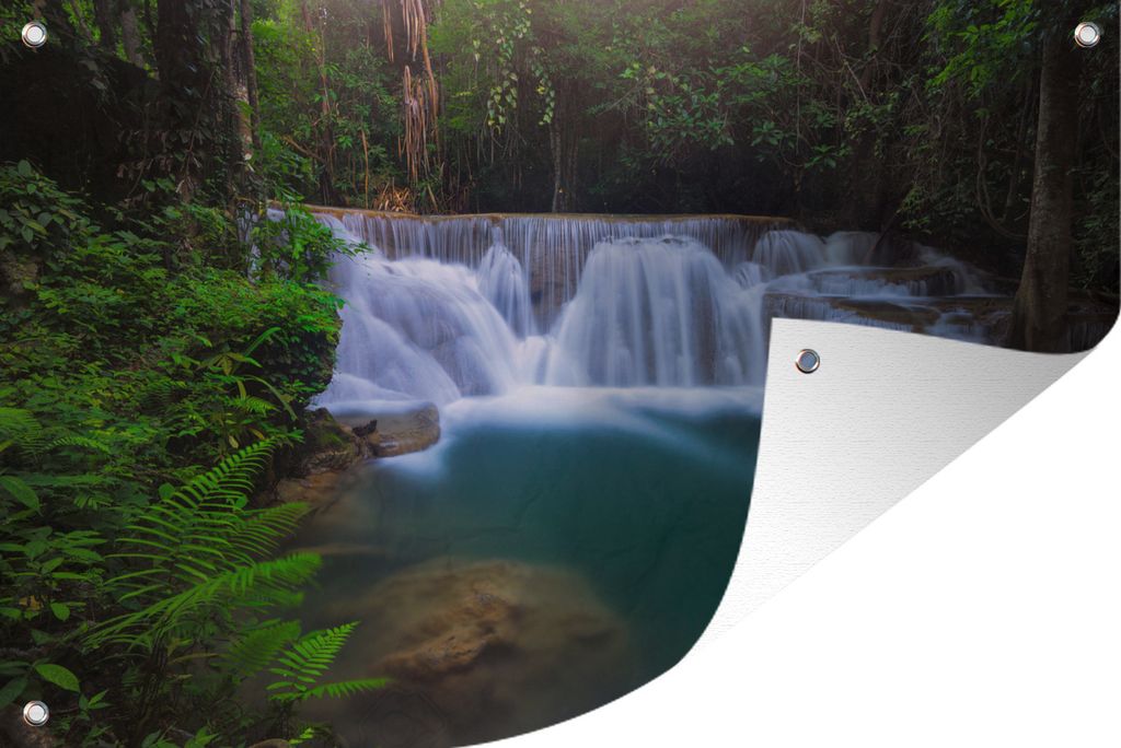 MuchoWow 120x80 cm Outdoor-Poster Gartendeko Sichtschutz Garten Poster für den Garten Blaues Wasser an einem Wasserfall im Erawan-Nationalpark, ...