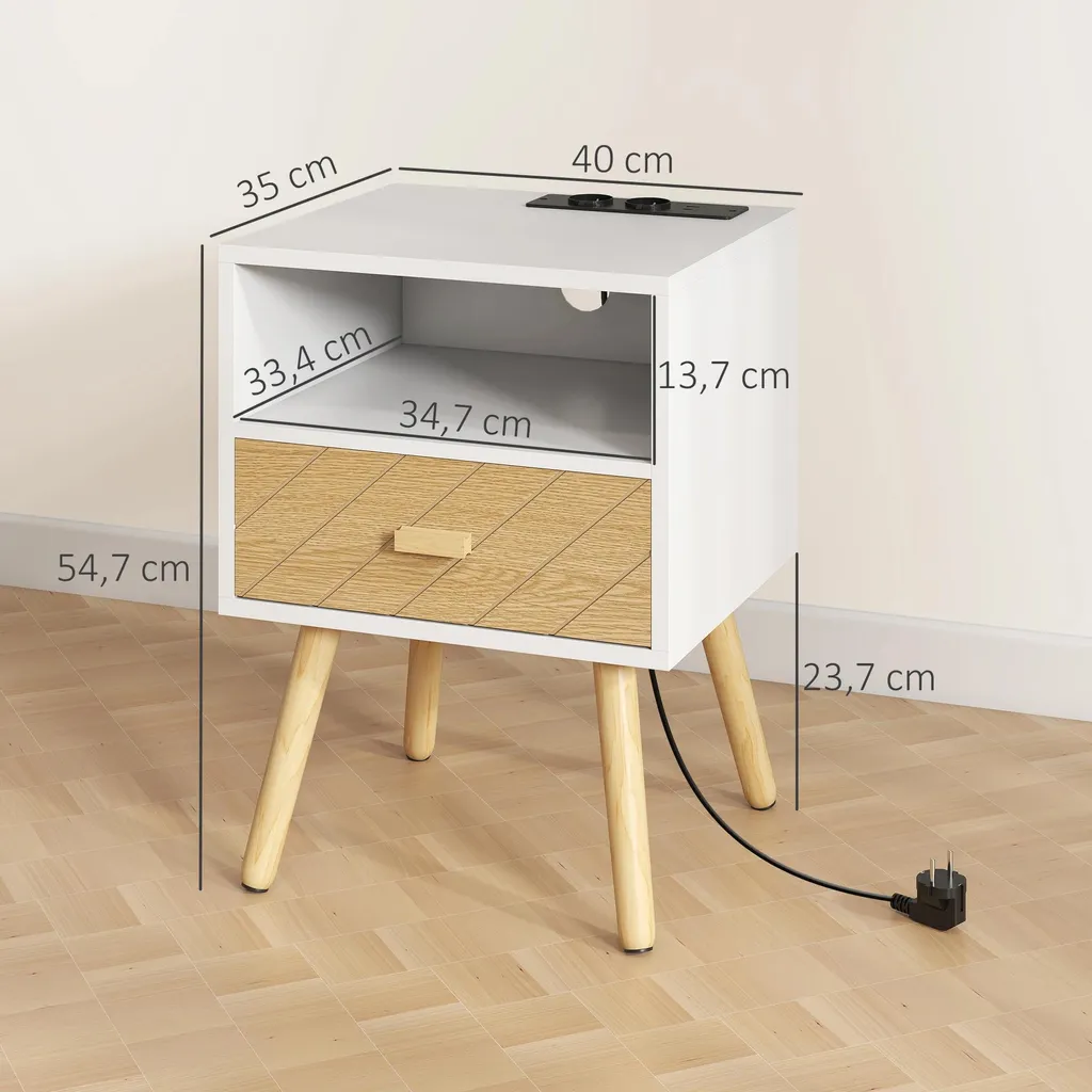 Table de chevet avec station de charge USB-C et tiroir blanc design chic - 3