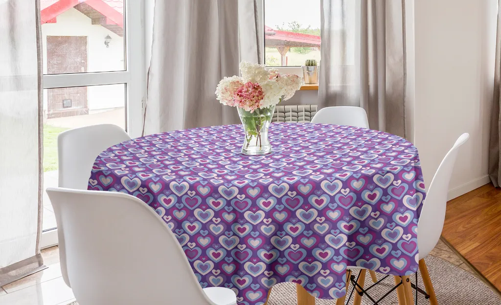 ABAKUHAUS Tovaglia rotonda per San Valentino, cuori retrò, tovaglia circolare per decorare la sala da pranzo e la cucina, 150 cm, blu viola multicolore