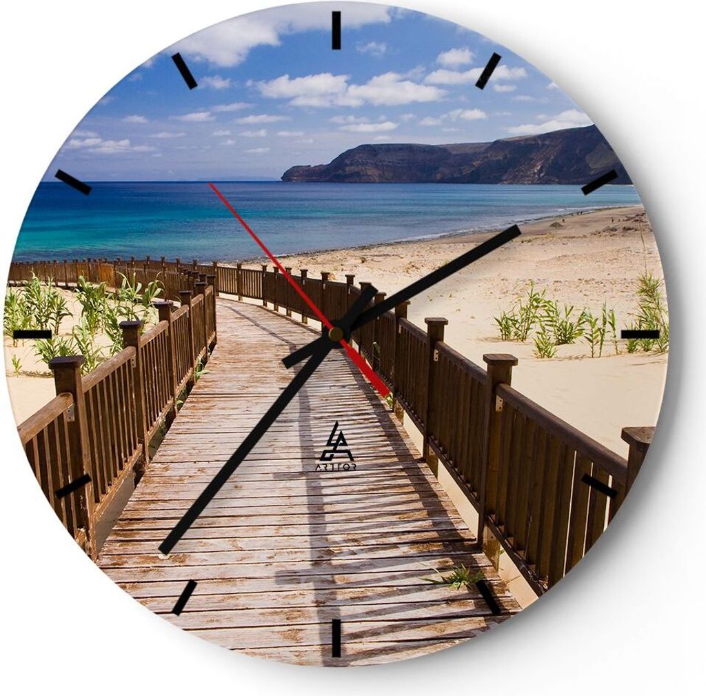 Wanduhr - Rund - Glasuhr - Ozean Strand Sand Ufer - 30x30cm - Schleichendes Uhrwerk - Lautlos - zum Aufhängen bereit - Dekoration Modern - Wanddek...