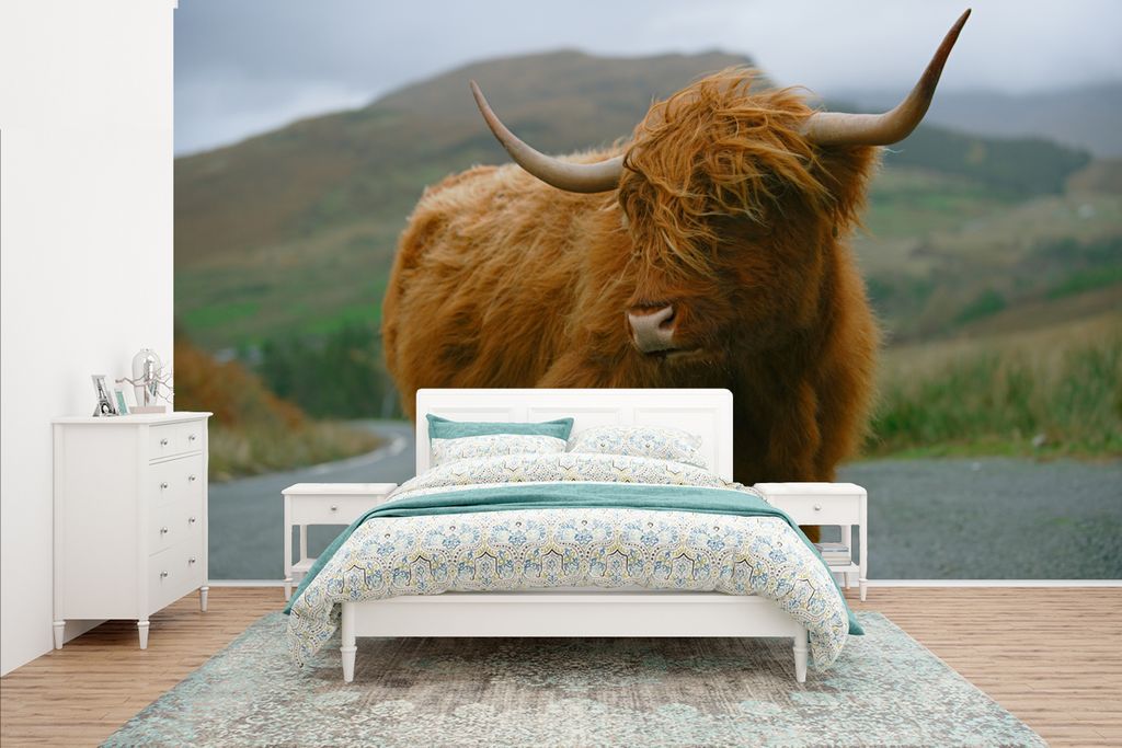 MuchoWow Fototapete für Wohnzimmer oder Schlafzimmer Wandtapete Vinyl Motivtapete Schottischer Highlander - Berg - Straße - 435x260 cm - Kinder...