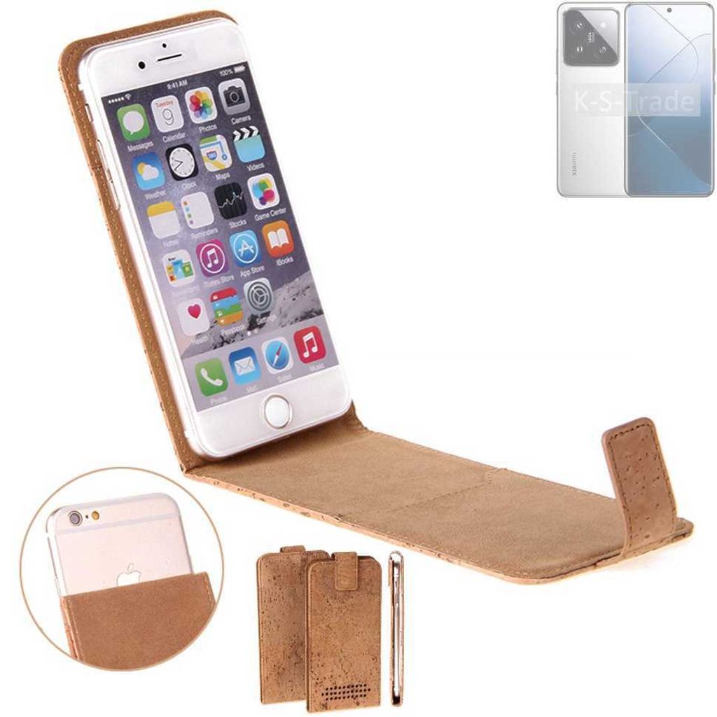 K-S-Trade Handyhülle kompatibel mit Xiaomi 14 Kork Hülle Flipstyle Case Schutzhülle Kork Case Hülle Flip cover Klapphülle Klapp, braun 1x