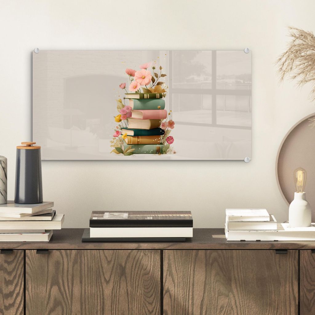 MuchoWow Glasbilder - Bilder auf Wandbild - Foto auf Glas Bücher - Stapel - Blumen - Farbenfroh 40x20 cm Wanddekoration aus Glas - Acrylglasbild -...