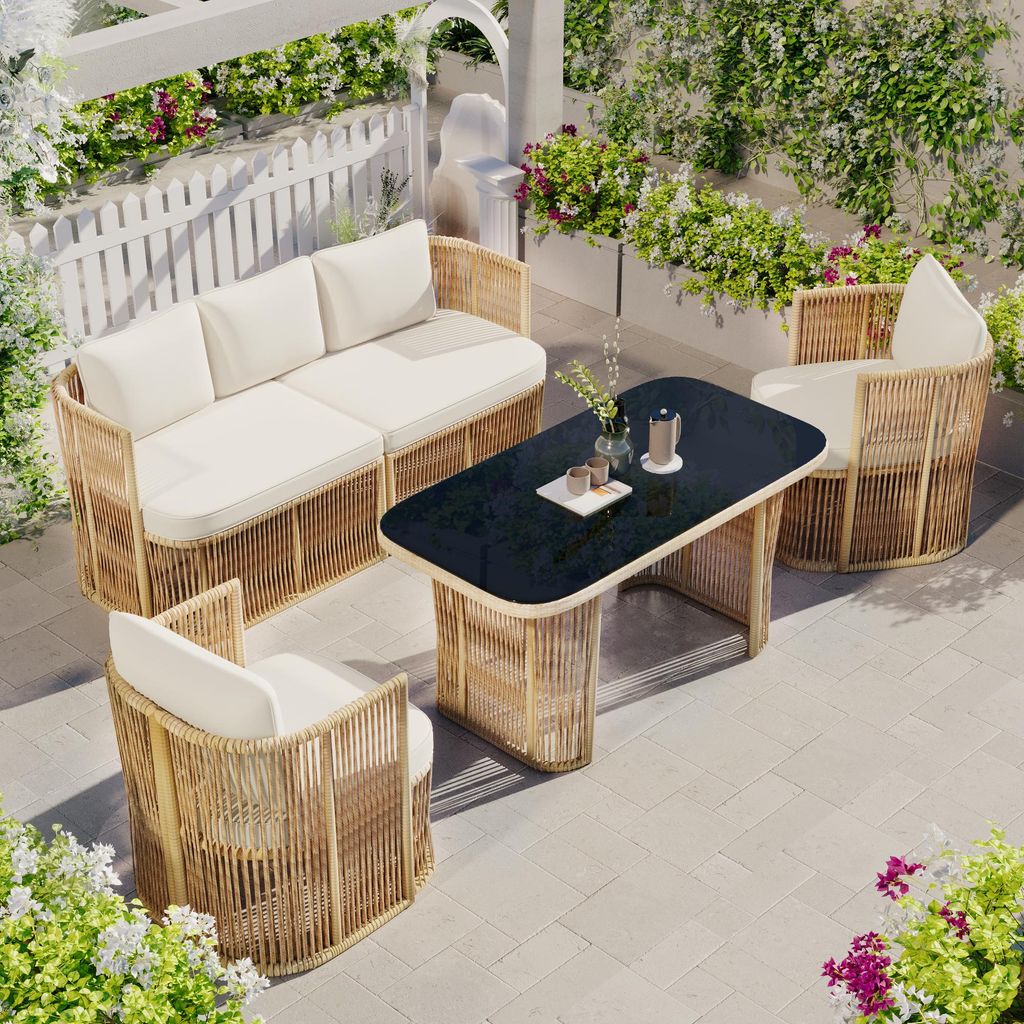 MODFU Garten-Liegestuhl-Set Freizeitsofa mit 3-Sitzer Sofa Outdoor-Möbel mit 2 Sesseln und Glastisch Outdoor Lounge Set Beige