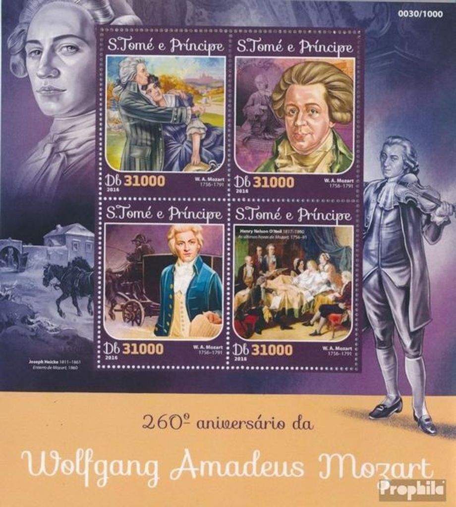 Briefmarken Sao Tome e Principe 2016 Mi 6516-6519 Kleinbogen (kompl. Ausgabe) postfrisch Wolfgang Amadeus Mozart