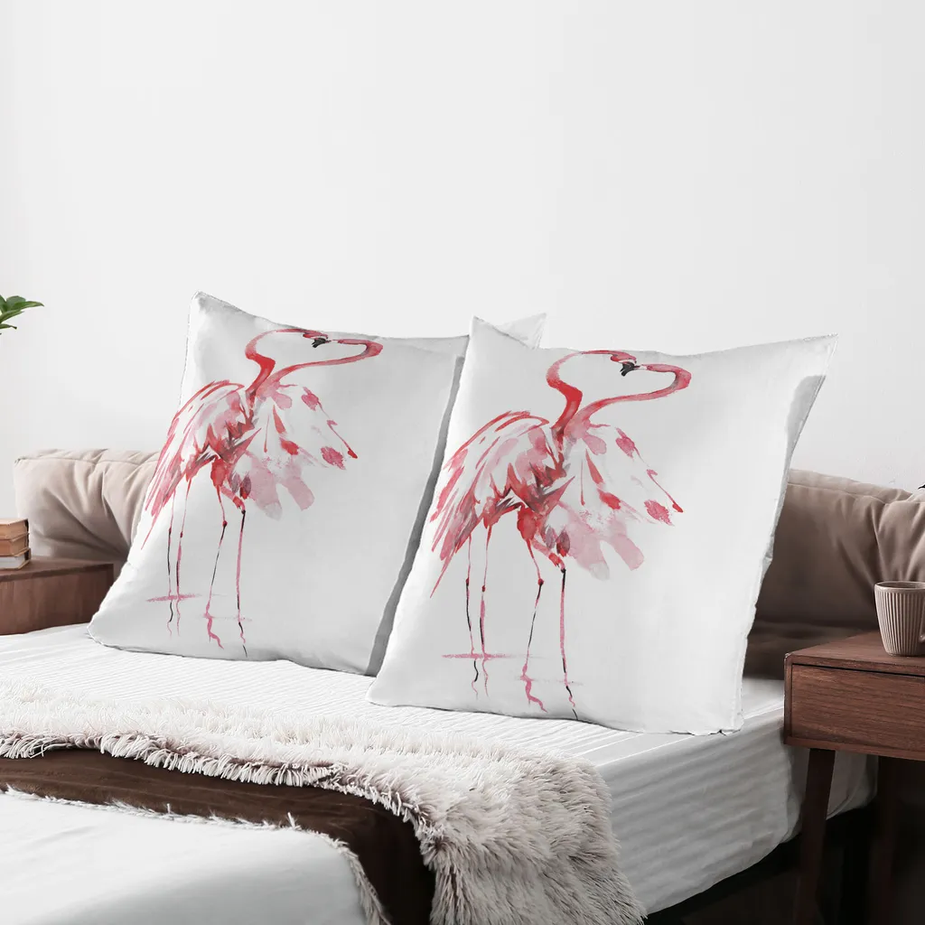 ABAKUHAUS Federa per cuscino Flamingo Confezione da 2, coppia di fenicotteri, La passione romantica dei partner nell'amore Effetto acquerello Bacio, Federa per cuscino decorativa stampata, 80x80 cm, Corallo scuro Bianco - 3