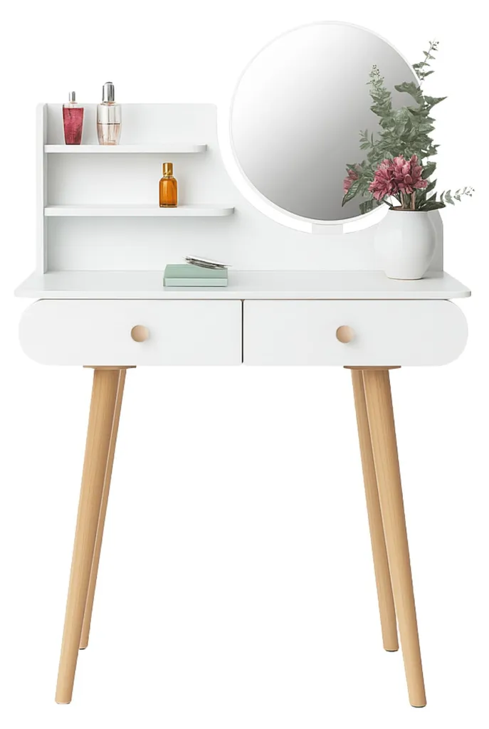 Coiffeuse avec miroir rond et 2 tiroirs blancs pour un rangement élégant