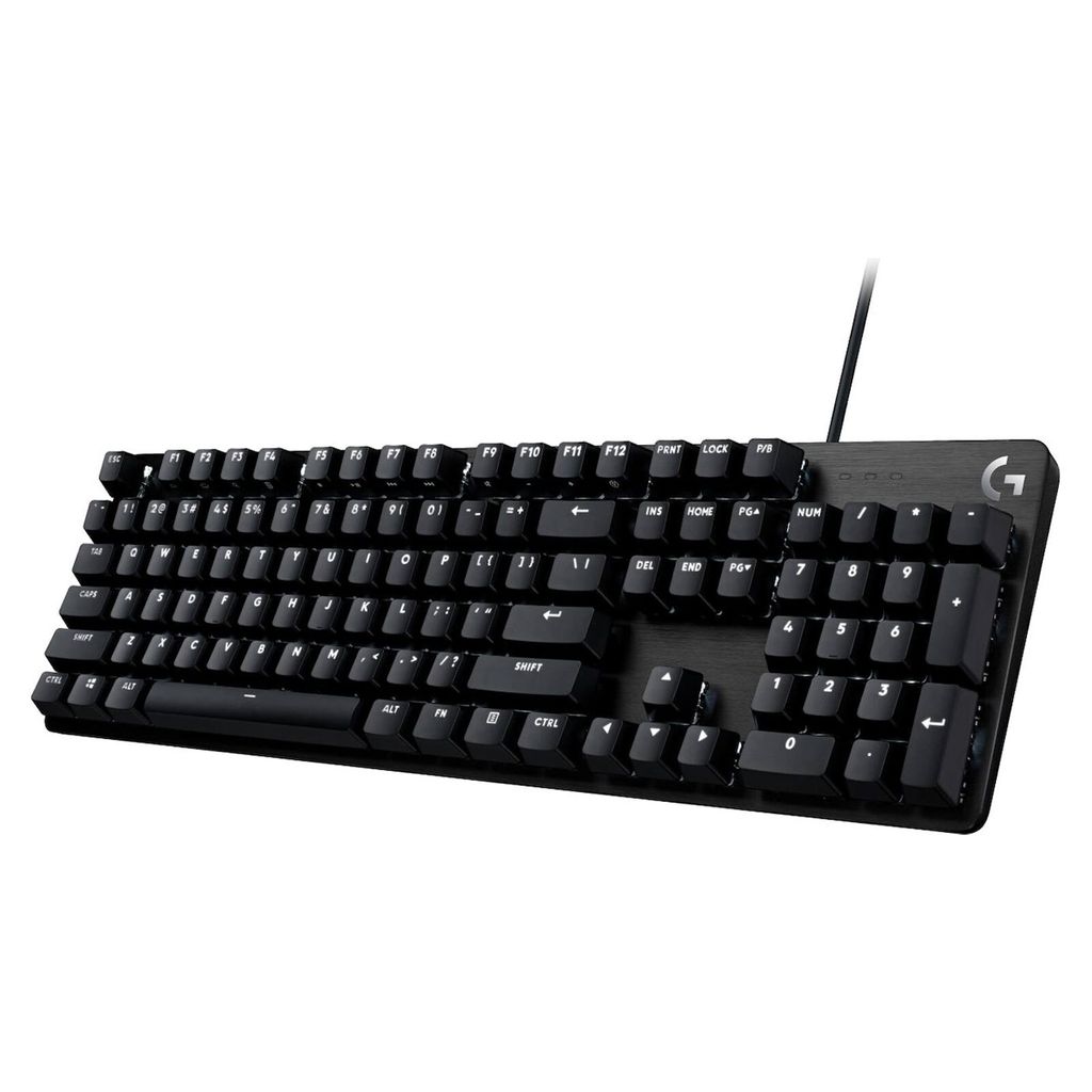 A black mechanical gaming keyboard is shown from a slightly elevated diagonal angle against a white background.