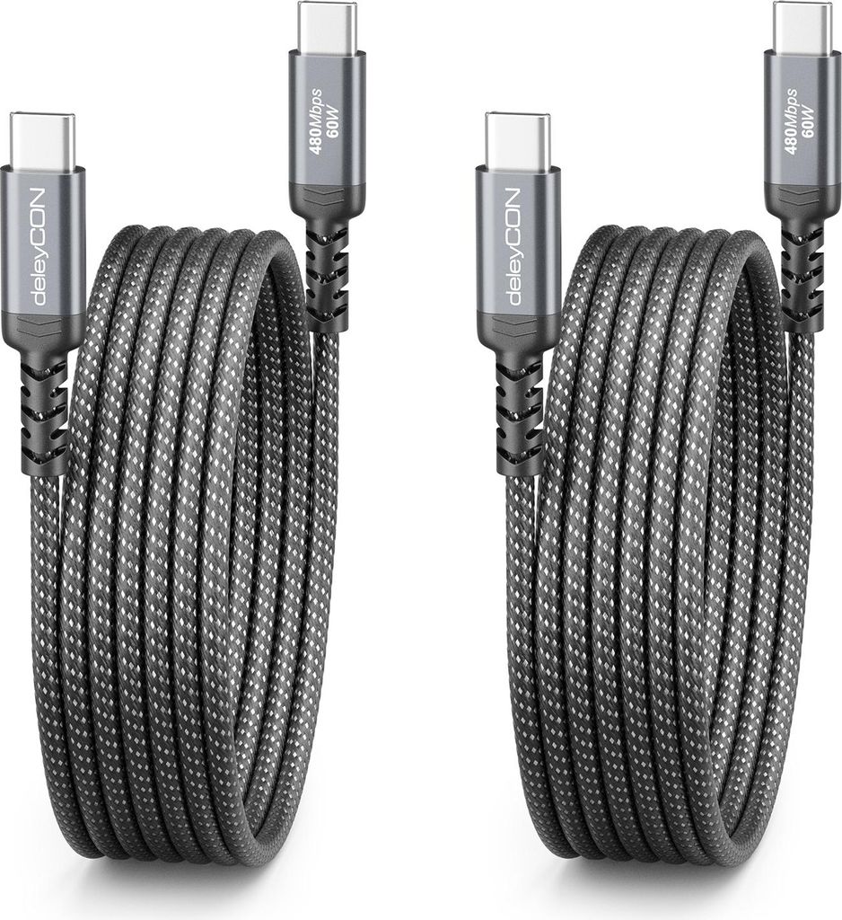 deleyCON 2x 2m USB C Ladekabel (60W Schnellladekabel) PD3.0 Produktbild 