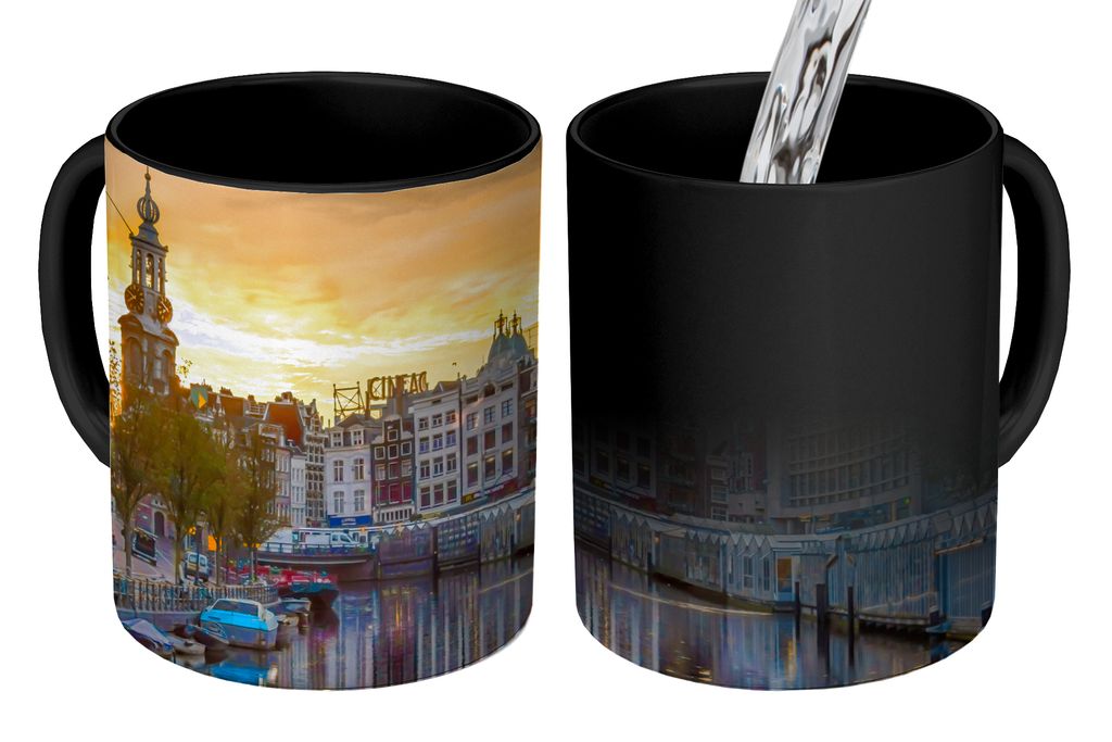 KitchenYeah Zauber Tasse Zaubertasse Magic Sonnenuntergang über den Munttoren in Amsterdam 350 ml Farbwechsel Becher Geschenk Geschenkidee - Mag...