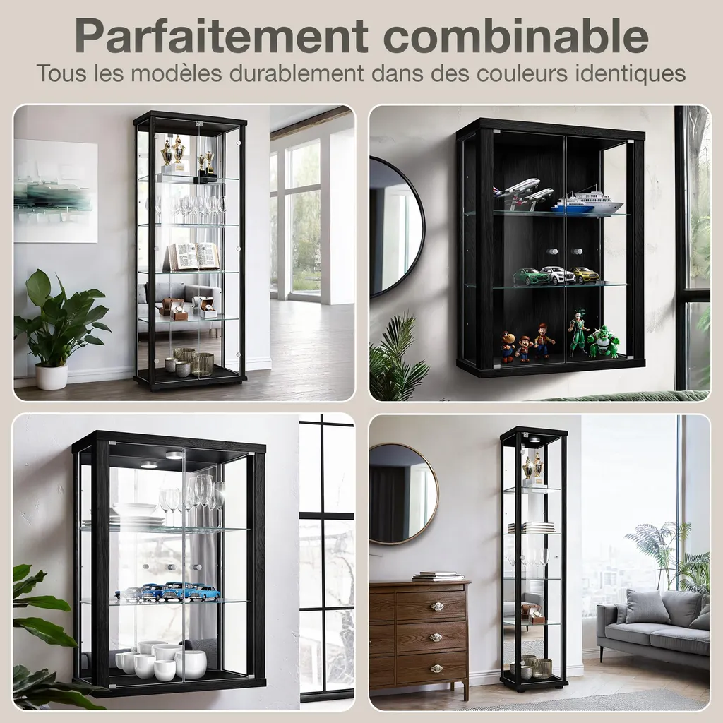 K-Möbel Vitrine Suspendue Noire 80x60cm avec Miroir et Éclairage LED - 6