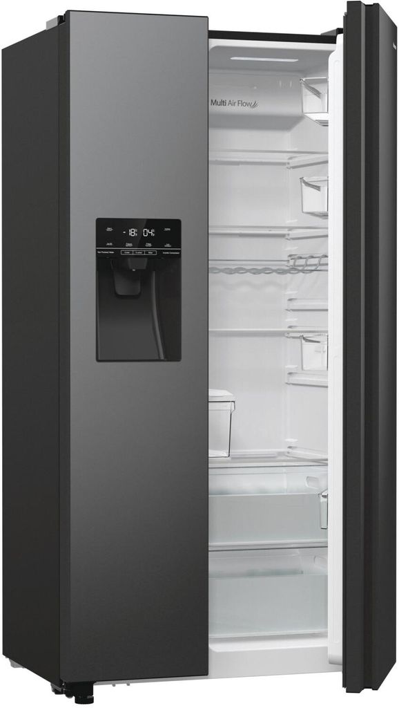 Hisense Freistehend Side-by-Side-Kühlschrank, Schwarz, 566 l, Freistehend, Amerikanische Tür, Schwarz, Edelstahl, 2 Tür(en), Tür-zu-Tür, Berü...