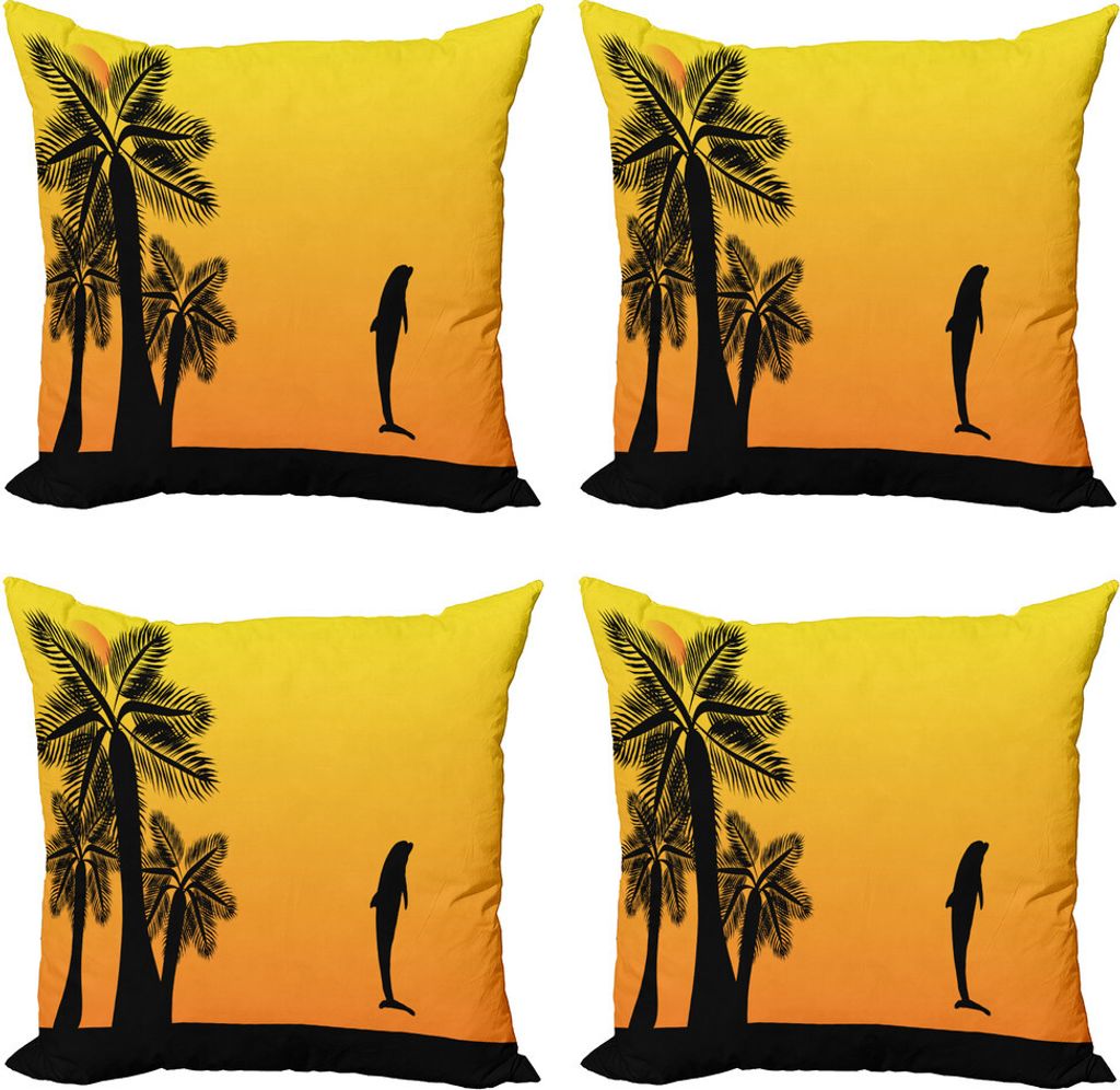 ABAKUHAUS Sommer Kissenbezug Set (4 Stück), Ombre Sunset Palms Dolphin, Moderner Doppelseitiger Digitaldruck, 45 cm x 45 cm, Gelb Orange