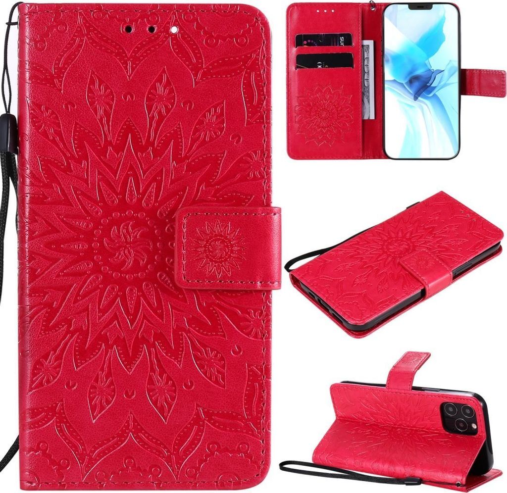Mobigear Sunflower iPhone 12 Hülle Klapphülle Geldbörse - Rot