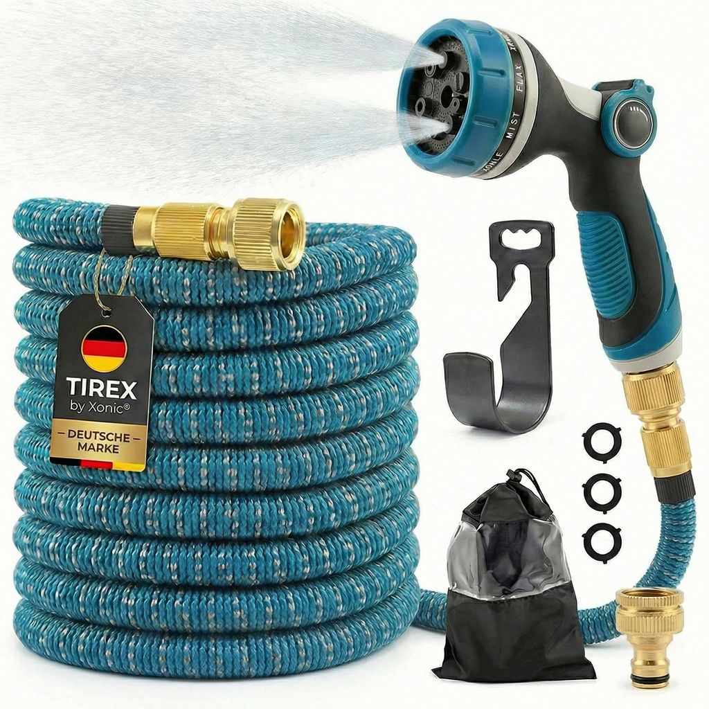 TIREX by xonic Flexibler Gartenschlauch mit 10 verschiedenen Strahlarten – leichter Wasserschlauch flexibel mit 3-fach Latexkern – dehnbarer ...