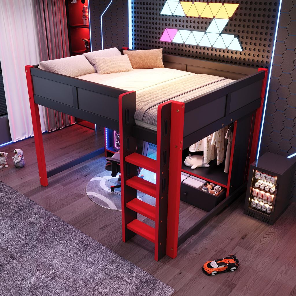 Hochbett mit LED-Beleuchtung, Gaming Bett mit Schreibtisch, Schreibtisch, Leiter, Kleiderschrank, großen Schubladen, 140×200cm, schwarz + rot