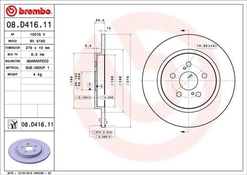 Disque Brembo 08.D416.11 Haute Précision pour Freinage Arrière OE 42431
