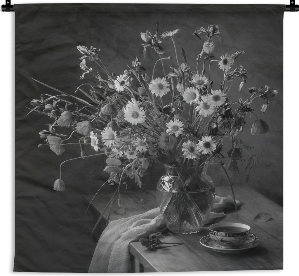 MuchoWow Wandteppich Wandbehang Blumenstrauß - Blumen - Ölgemälde - Stilleben - Schwarz - Weiß 60x60 cm Tapisserie Dekoration Wandtuch - Deko...