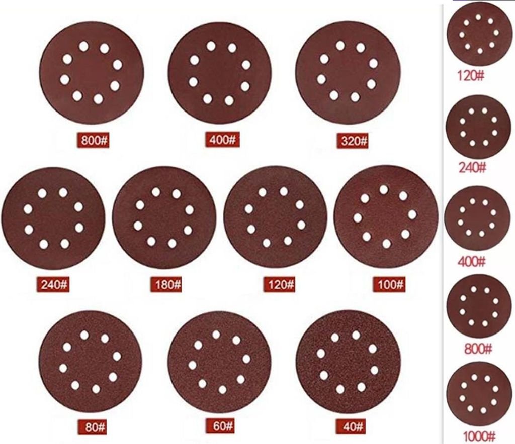 75 Stück 5-Zoll-Schleifpapier mit 8 Löchern, 1 mm dick, Körnung 120, 240, 400, 800 und 1000, zum Entfernen von Rost, Farbe und Graten