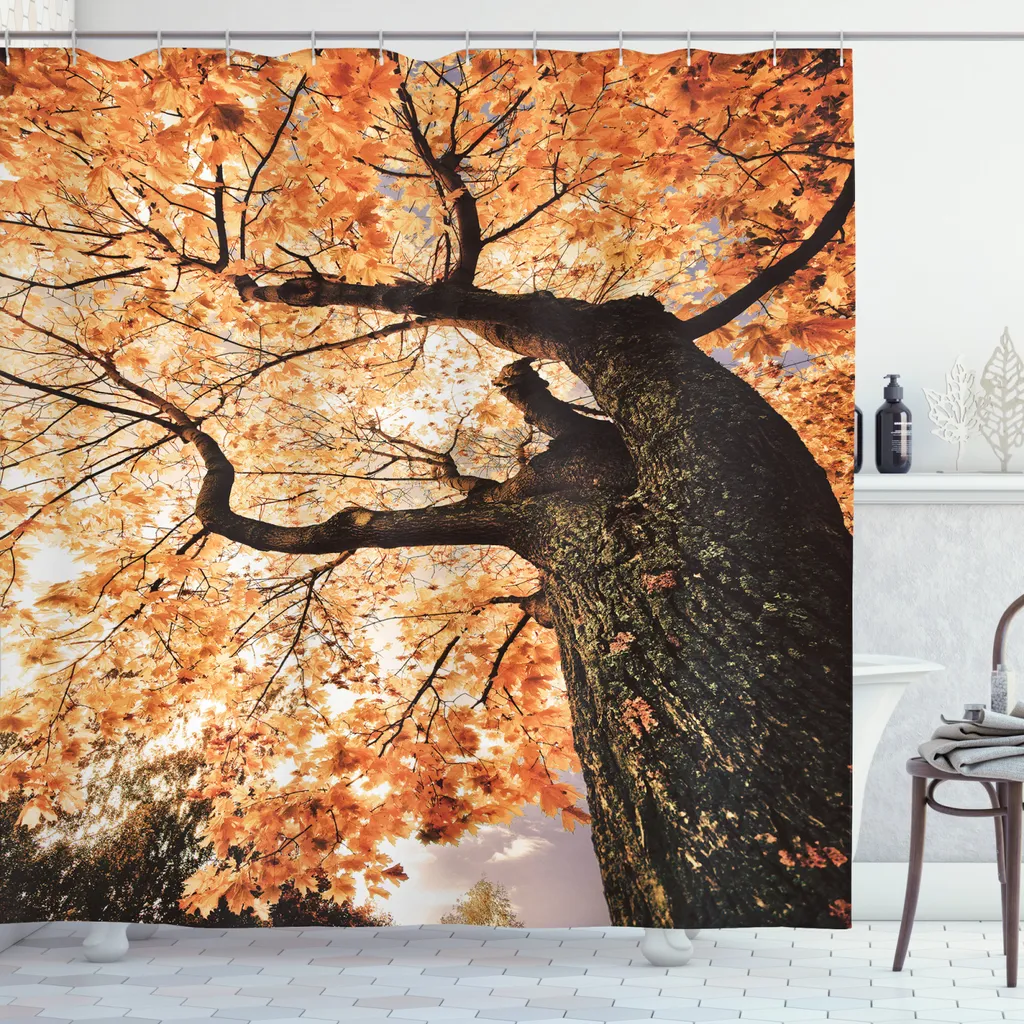 ABAKUHAUS Tenda da doccia Wald, Albero antico Botanica Legno, Lavabile e facile da pulire con 12 ganci Stampa di alta qualità Colori resistenti Durevole, 175 x 180 cm, Arancione Marrone