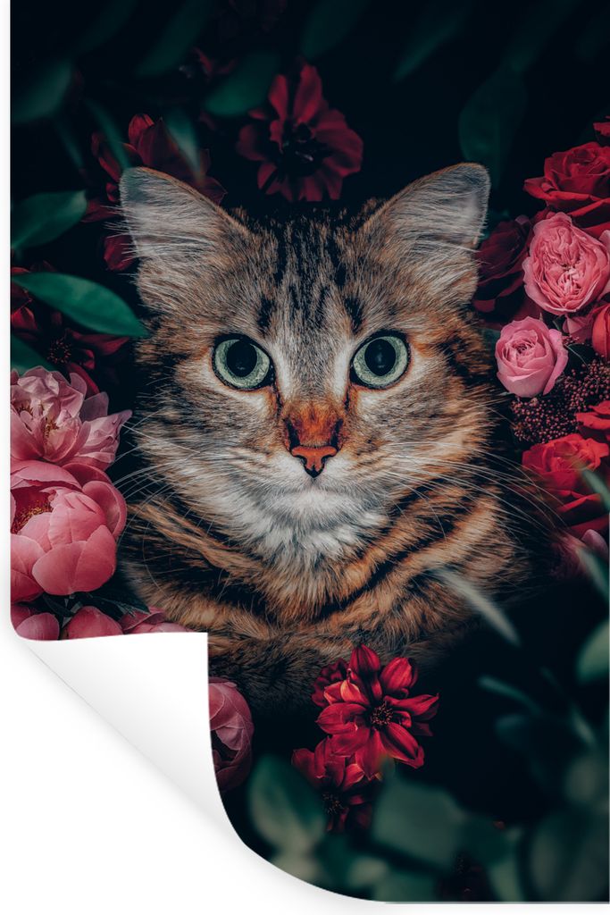 MuchoWow Wandtattoo Wandsticker Wandaufkleber Katze - Blumen - Tiere - Botanisch 80x120 cm Selbstklebend und Repositionierbar - Repositionierbar ...