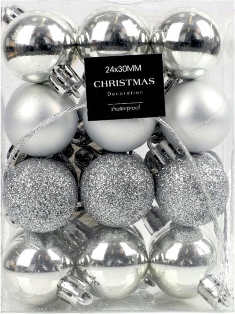 Set aus 24 Christbaumkugeln silber glitter 3cm