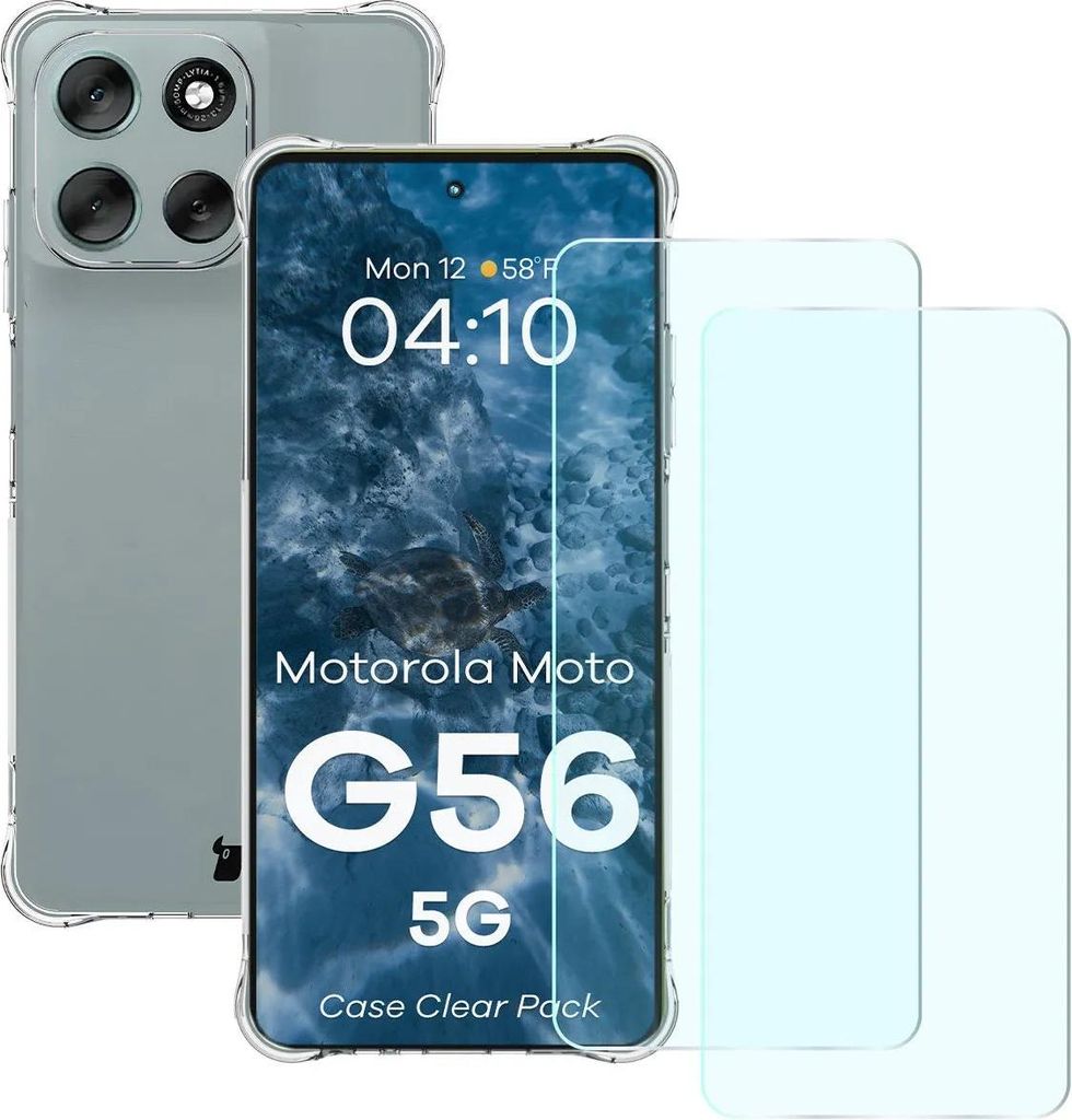 Handyhülle + 2x gehärtetes Glas für Motorola Moto G56 5G, Bizon Case Clear Pack, Transparent