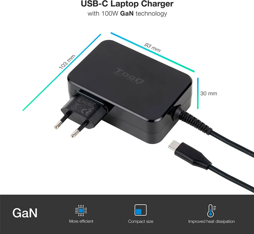 Câble USB-C TooQ TQLC-USBCGAN100PD Chargeur rapide PC portable 100W - 4