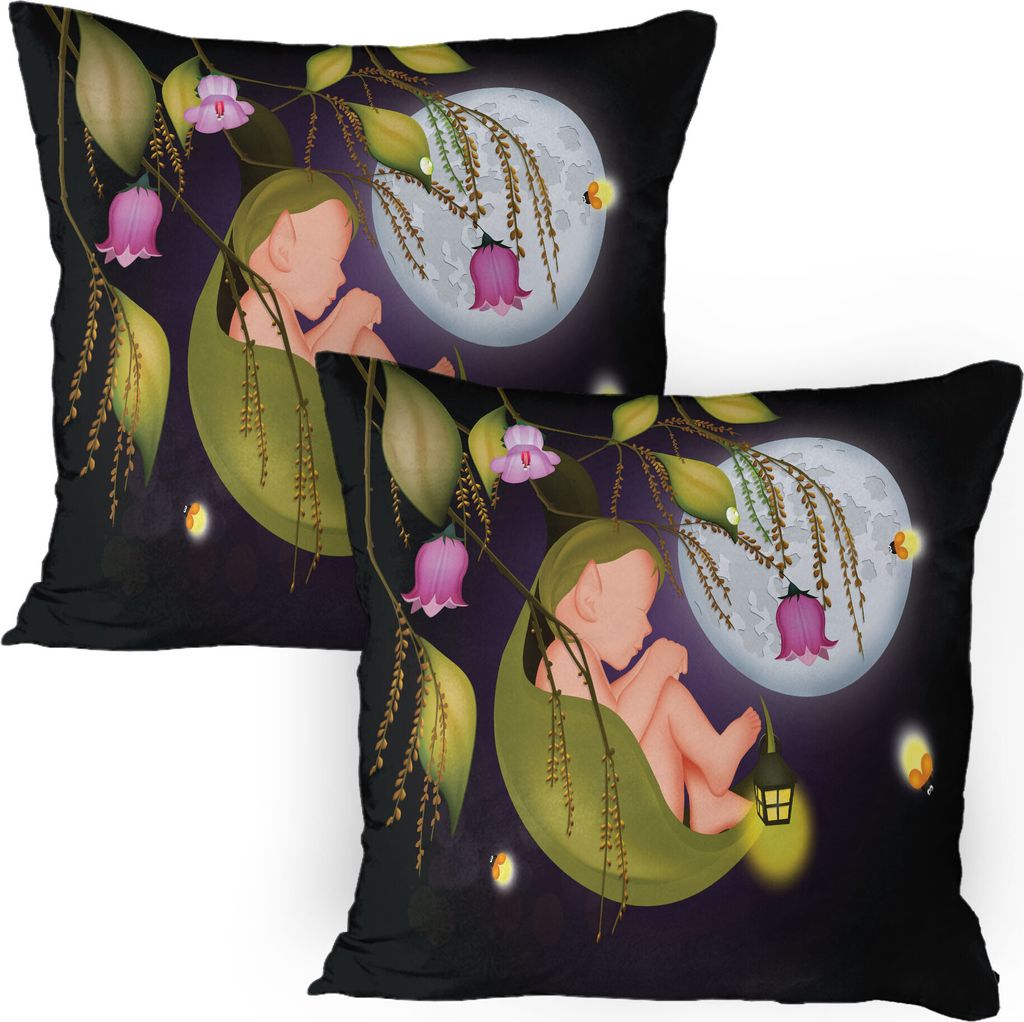 ABAKUHAUS Fantasie Kissenbezug Packung mit 2, Baby-Elf auf Blatt wachsen Mond Mystische Nacht Mythologie Glühwürmchen Christmas Tale, Dekorativer...