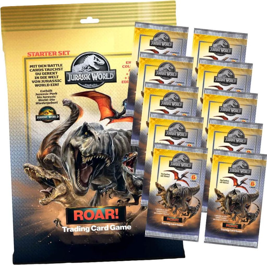 Jurassic World Karten - ROAR! Trading Cards Sammelkarten - 1 Starter + 10 Booster