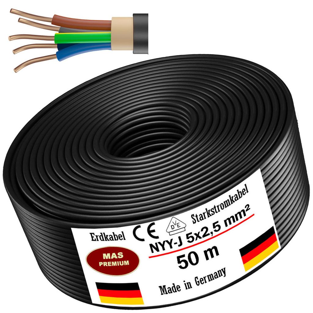 NYM Kabel 5x2,5mm², Stromkabel, Elektrokabel, Feuchtraumkabel, Mantelleitung