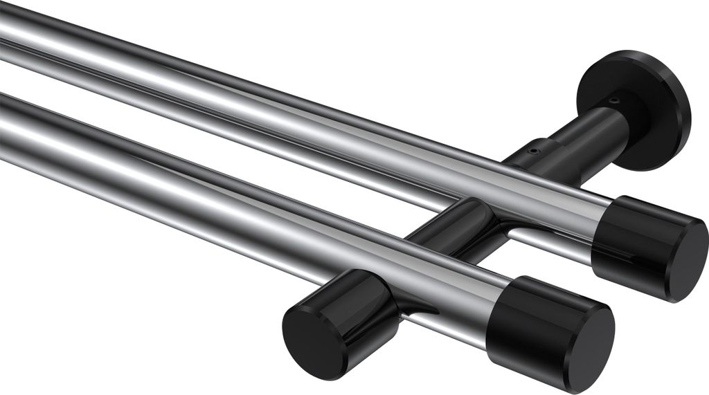 Interdeco Gardinenstange / Vorhangstange Chrom / Schwarz, Typ Prestige Santo (Kappe) ohne Ringe, 20 mm Ø 2-läufig, 140 cm