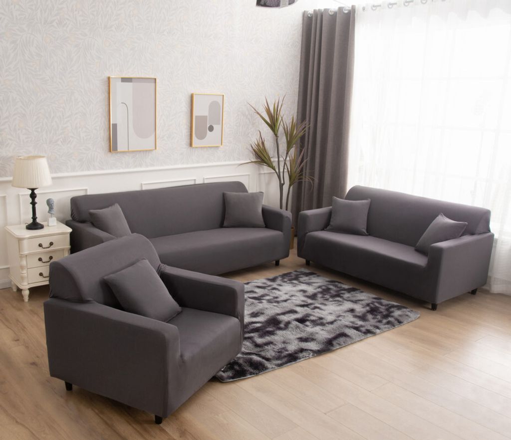 6 STÜCKE Stretch Sofabezüge Pure Color Möbel Schutzhülle 1 Dreibettzimmer 1 Doppel 1 Einzelsitz und 3 Kissenbezüge Kombination, Dunkelgrau