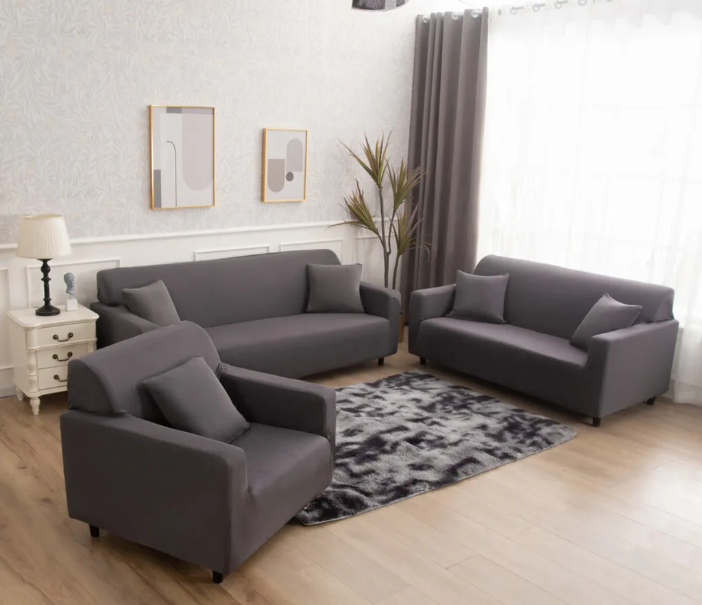 Housse de canapé stretch gris foncé Pure Color - Pack complet 6 pièces