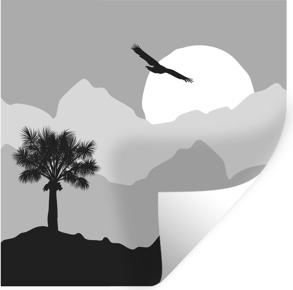 MuchoWow Wandtattoo Wandsticker Wandaufkleber Sonne - Palme - Vogel - Schwarz - Weiß 30x30 cm Selbstklebend und Repositionierbar - Repositionier...