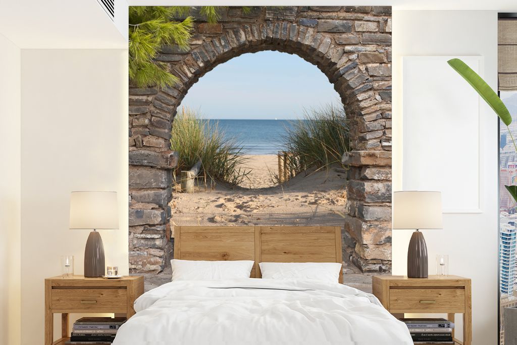 MuchoWow Fototapete für Wohnzimmer oder Schlafzimmer Wandtapete Vinyl Motivtapete Aussicht - Strand - Düne - Pflanzen - 205x280 cm - Wandbild